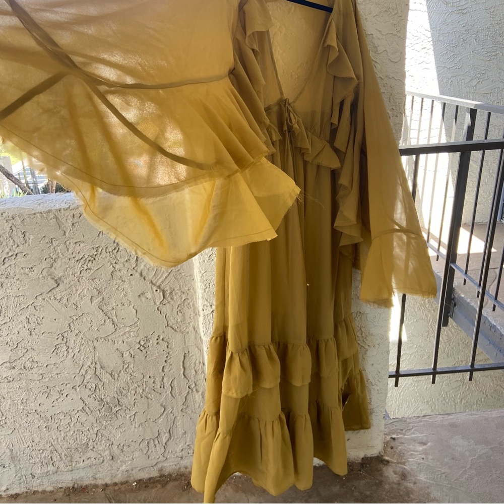 ASOS Sheer Tiered Ruffle Maxi Dress Mustard Bell Sleeve Raw Hem Size 10